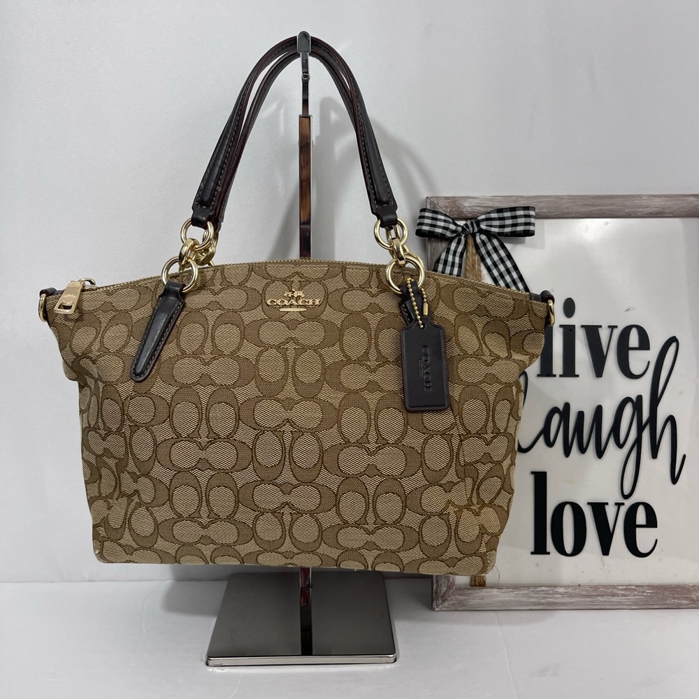 Coach Khaki Brown Kelsey Signature Jacquard Small Satchel Crossbody Bag